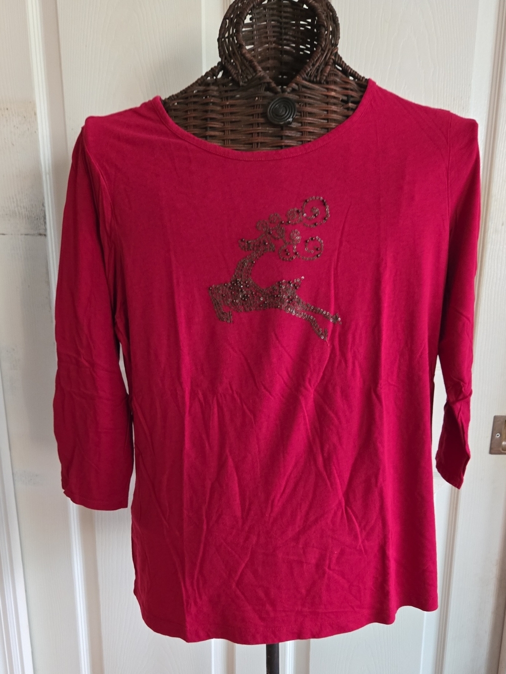 Coldwater Creek Red Long Sleeve Tee with Sequin Reindeer